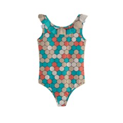 Multicolored Honeycomb Colorful Abstract Geometry Kids  Frill Swimsuit by Pakjumat
