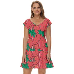 Texture Sweet Strawberry Dessert Food Summer Pattern Short Sleeve Tiered Mini Dress by Sarkoni