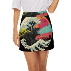 Retro Wave Kaiju Godzilla Japanese Pop Art Style Mini Front Wrap Skirt by Modalart