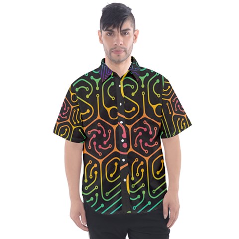 Circuit Hexagonal Geometric Pattern Background Pattern Men s Short Sleeve Shirt by Vaneshop