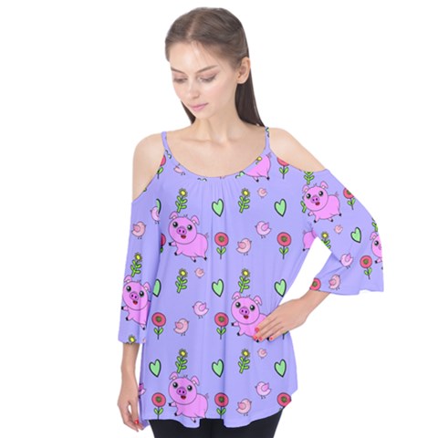 Flower Pink Pig Piggy Seamless Flutter Sleeve T-shirt  by Ravend
