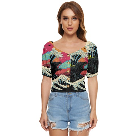 Retro Wave Kaiju Godzilla Japanese Pop Art Style Button Up Blouse by Modalart