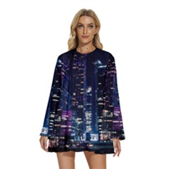 Black Building Lighted Under Clear Sky Round Neck Long Sleeve Bohemian Style Chiffon Mini Dress by Modalart