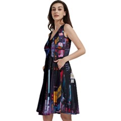 Roadway Surrounded Building During Nighttime Sleeveless V-neck Skater Dress With Pockets by Modalart