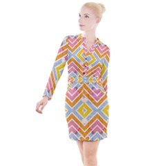 Line Pattern Cross Print Repeat Button Long Sleeve Dress by Amaryn4rt
