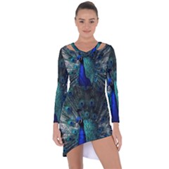 Blue And Green Peacock Asymmetric Cut-out Shift Dress by Sarkoni