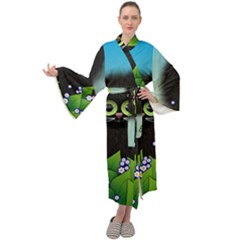 Kitten Black Furry Illustration Maxi Velvet Kimono by Sarkoni