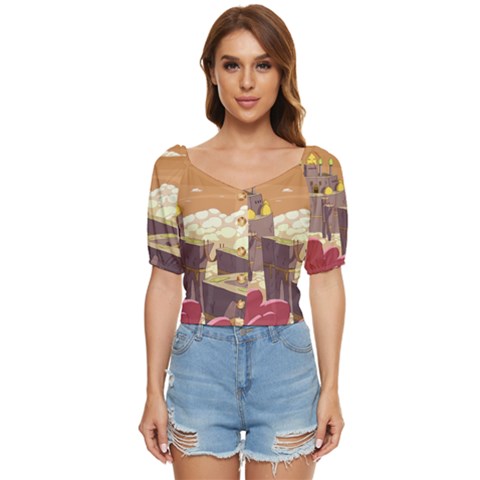 Animated Castle Illustration Adventure Time Cartoon Nature Button Up Blouse by Sarkoni