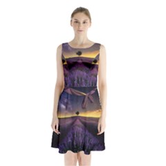 Bed Of Purple Petaled Flowers Photography Landscape Nature Sleeveless Waist Tie Chiffon Dress by Sarkoni