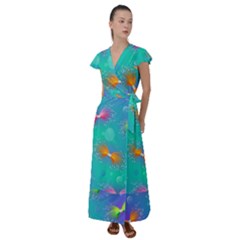 Non Seamless Pattern Blues Bright Flutter Sleeve Maxi Dress by Dutashop