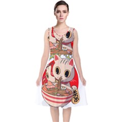 Ramen Cat Noodles Cute Japanes V-neck Midi Sleeveless Dress  by Modalart