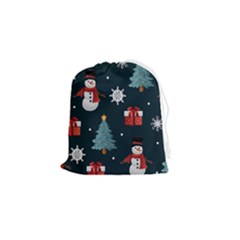 Snowmen Christmas Trees Drawstring Pouch (small) by Ravend