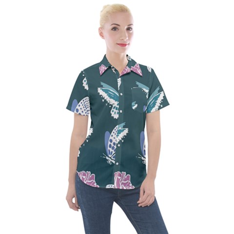 Butterfly Pattern Dead Death Rose Women s Short Sleeve Pocket Shirt by Ravend