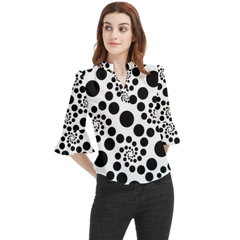 Dot Dots Round Black And White Loose Horn Sleeve Chiffon Blouse by Ravend