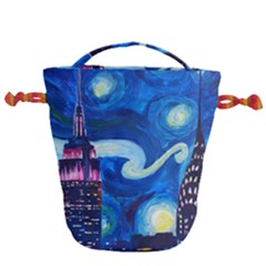 Starry Night In New York Van Gogh Manhattan Chrysler Building And Empire State Building Drawstring Bucket Bag by Modalart
