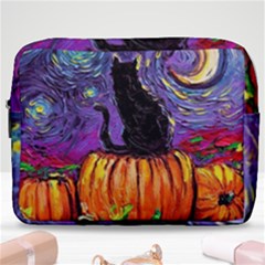 Halloween Art Starry Night Hallows Eve Black Cat Pumpkin Make Up Pouch (large) by Modalart