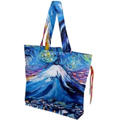 Mount Fuji Art Starry Night Van Gogh Drawstring Tote Bag by Modalart
