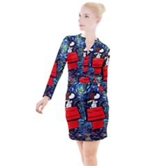 Dog Flying House Cartoon Starry Night Vincent Van Gogh Parody Button Long Sleeve Dress by Modalart
