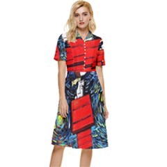 Dog Flying House Cartoon Starry Night Vincent Van Gogh Parody Button Top Knee Length Dress by Modalart