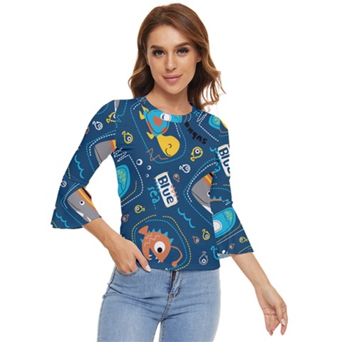 Seamless Pattern Vector Submarine With Sea Animals Cartoon Bell Sleeve Top by Bedest