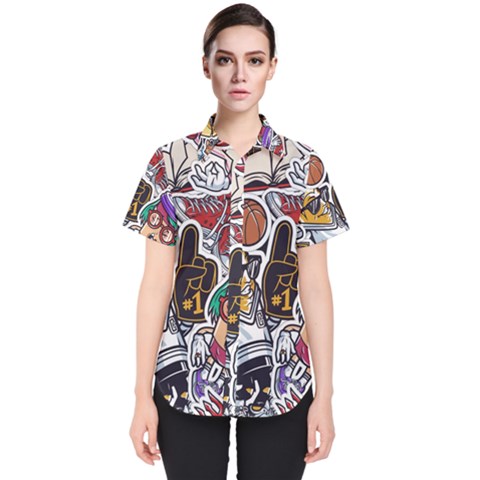 Vintage College Colorful Seamless Pattern Women s Short Sleeve Shirt by Bedest