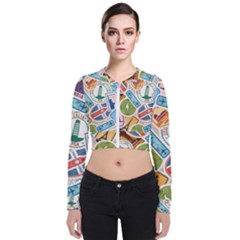 Travel Pattern Immigration Stamps Stickers With Historical Cultural Objects Travelling Visa Immigran Long Sleeve Zip Up Bomber Jacket by Bedest