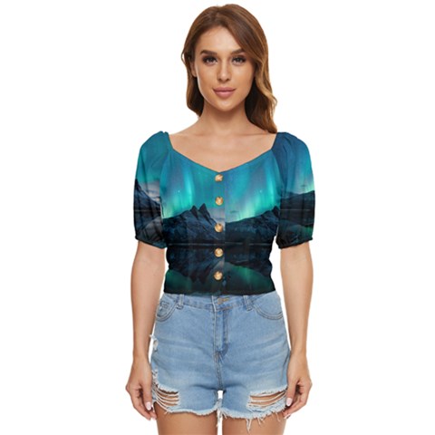 Aurora Borealis Mountain Reflection Button Up Blouse by Pakjumat