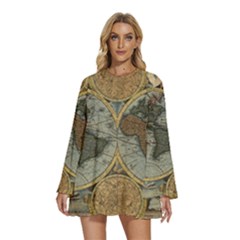 Vintage World Map Travel Geography Round Neck Long Sleeve Bohemian Style Chiffon Mini Dress by Pakjumat
