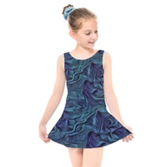 Abstract Blue Wave Texture Patten Kids  Skater Dress Swimsuit by Pakjumat