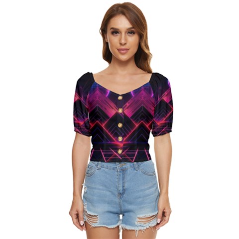 Synthwave City Retrowave Wave Button Up Blouse by Pakjumat