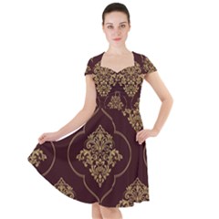 Vector Gold Ornament Pattern Seamless Damask Cap Sleeve Midi Dress by Pakjumat