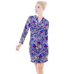 Blue Yellow Background Pattern Vector Texture Paisley Button Long Sleeve Dress by Pakjumat