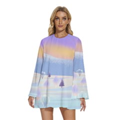 Vector Winter Landscape Sunset Evening Snow Round Neck Long Sleeve Bohemian Style Chiffon Mini Dress by Pakjumat