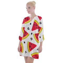 Cute Smiling Watermelon Seamless Pattern White Background Open Neck Shift Dress by Pakjumat
