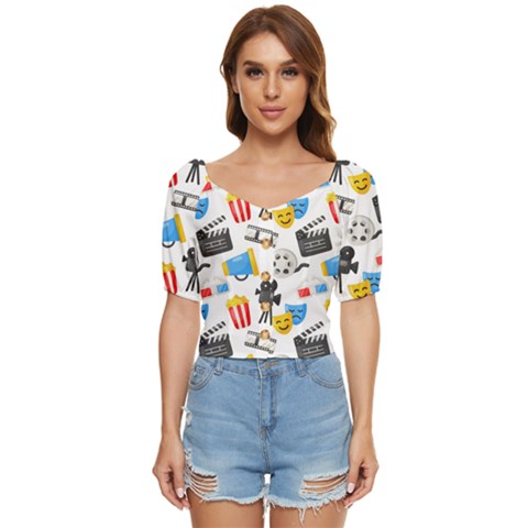 Cinema Icons Pattern Seamless Signs Symbols Collection Icon Button Up Blouse by Pakjumat