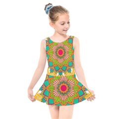 Mandala Patterns Yellow Kids  Skater Dress Swimsuit by Pakjumat