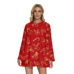 Holy Night - Christmas Symbols  Round Neck Long Sleeve Bohemian Style Chiffon Mini Dress by ConteMonfrey