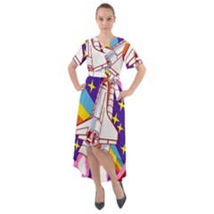 Badge Patch Pink Rainbow Rocket Front Wrap High Low Dress by Sarkoni