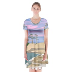 Vacation Island Sunset Sunrise Short Sleeve V-neck Flare Dress by Sarkoni