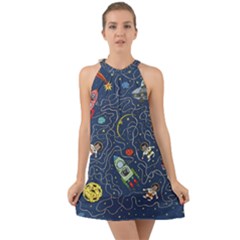Cat Cosmos Cosmonaut Rocket Halter Tie Back Chiffon Dress by Grandong