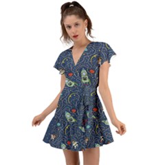 Cat Cosmos Cosmonaut Rocket Flutter Sleeve Wrap Dress by Grandong