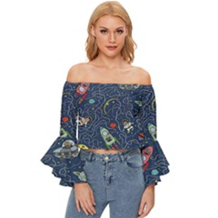 Cat Cosmos Cosmonaut Rocket Off Shoulder Flutter Bell Sleeve Top by Grandong