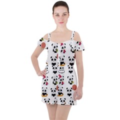 Playing Pandas Cartoons Ruffle Cut Out Chiffon Playsuit by Apen