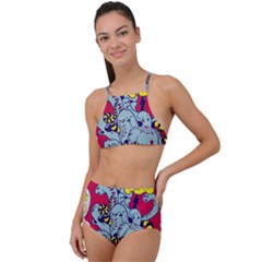 Fresh Urban Cartoon Monster Illustration Cartoon Character Text Halter Tankini Set by Sarkoni
