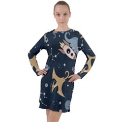 Space Theme Art Pattern Design Wallpaper Long Sleeve Hoodie Dress by Proyonanggan