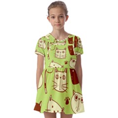 Cute Hand Drawn Cat Seamless Pattern Kids  Short Sleeve Pinafore Style Dress by Bedest