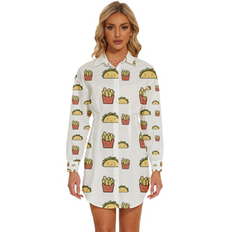 Fries Taco Pattern Fast Food Womens Long Sleeve Shirt Dress by Apen