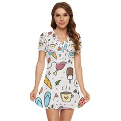 Doodle Fun Food Drawing Cute V-neck High Waist Chiffon Mini Dress by Apen