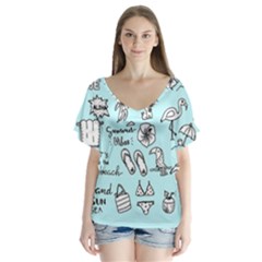 June Doodle Tropical Beach Sand V-neck Flutter Sleeve Top by Apen
