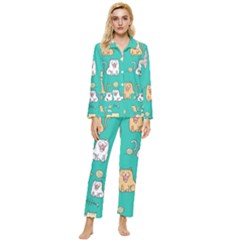 Seamless Pattern Cute Cat Cartoon With Hand Drawn Style Womens  Long Sleeve Velvet Pocket Pajamas Set by Grandong
